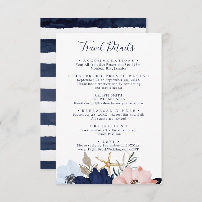 Modern Nautical Floral Wedding Travel Details Enclosure Card (Front/Back)