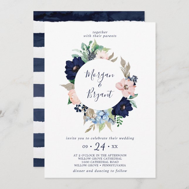 Modern Nautical | Floral Wreath Wedding Invitation (Front/Back)