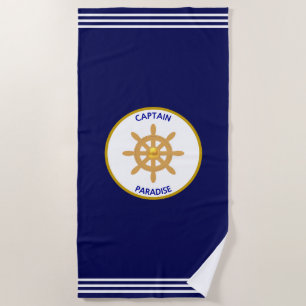 Modern Nautical Golden Ship Wheel on Navy Blue Beach Towel