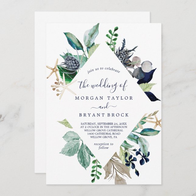 Modern Nautical Greenery Diamond All in 1 Wedding Invitation (Front/Back)