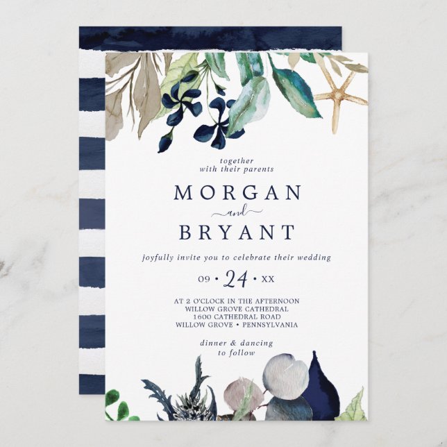 Modern Nautical | Greenery Navy Stripe Wedding Invitation (Front/Back)