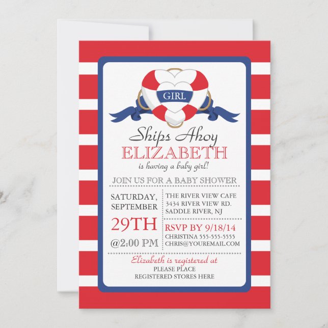 Modern Nautical Heart Buoy Girl Baby Shower Invitation (Front)