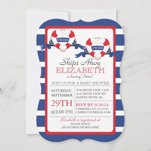 Modern Nautical Heart Buoy Twins Baby Shower Invitation (Front)