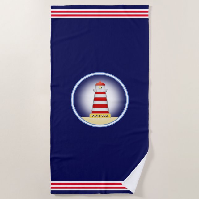 Modern Nautical Lighthouse on Navy Blue Beach Towel (Front)