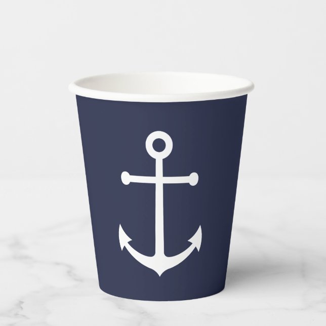 Modern Nautical Navy Blue Anchor Paper Cups (Front)