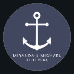 Modern Nautical Navy Blue Anchor Wedding Favour Classic Round Sticker<br><div class="desc">Modern Minimalist Nautical Navy Blue Anchor Wedding Favour Sticker
featuring white anchor and personalised bride and groom's name with wedding date in white modern sans serif font style on navy blue background.

Perfect for nautical themed wedding,  beach themed wedding and more.</div>