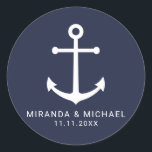 Modern Nautical Navy Blue Anchor Wedding Favour Classic Round Sticker<br><div class="desc">Modern Minimalist Nautical Navy Blue Anchor Wedding Favour Sticker
featuring white anchor and personalised bride and groom's name with wedding date in white modern sans serif font style on navy blue background.

Perfect for nautical themed wedding,  beach themed wedding and more.</div>