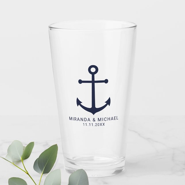 Modern Nautical Navy Blue Anchor Wedding Favour Glass (Creator Uploaded)