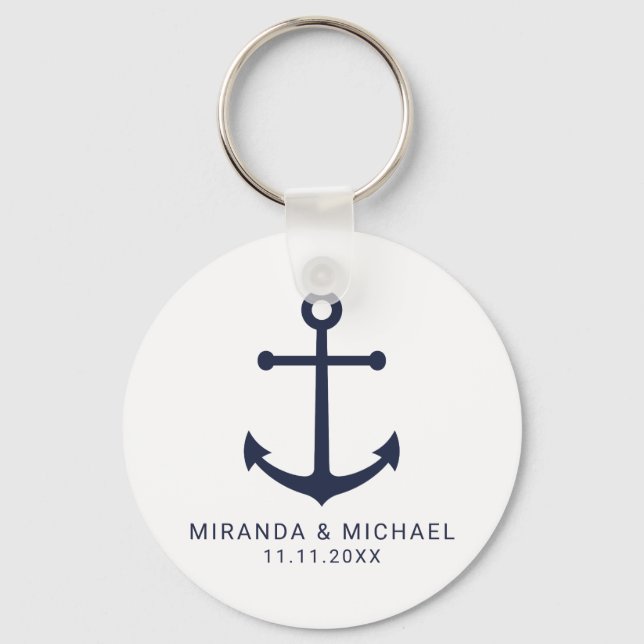 Modern Nautical Navy Blue Anchor Wedding Favour Key Ring (Front)