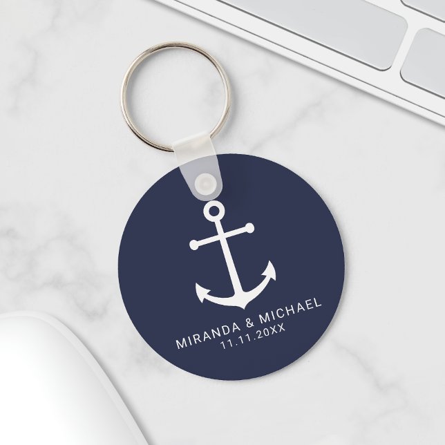 Modern Nautical Navy Blue Anchor Wedding Favour Key Ring (Creator Uploaded)