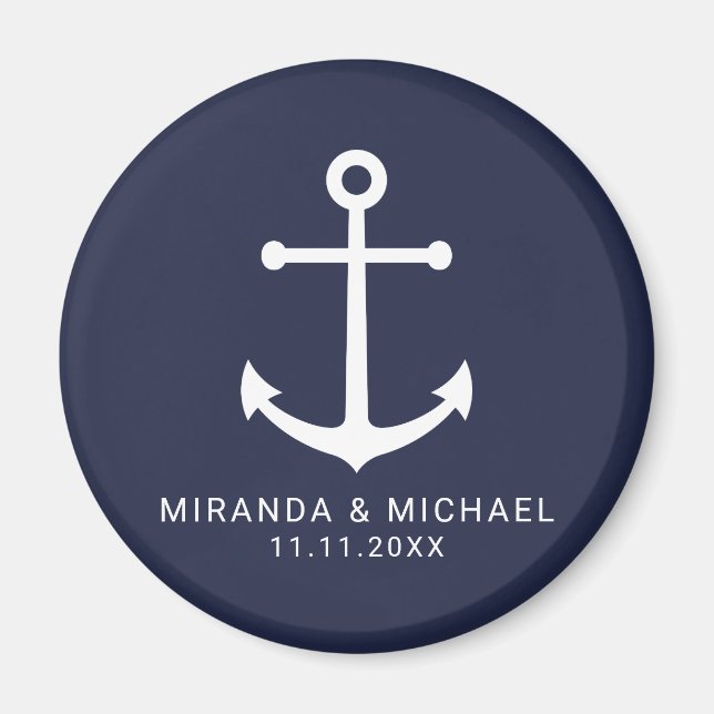 Modern Nautical Navy Blue Anchor Wedding Favour Magnet (Front)