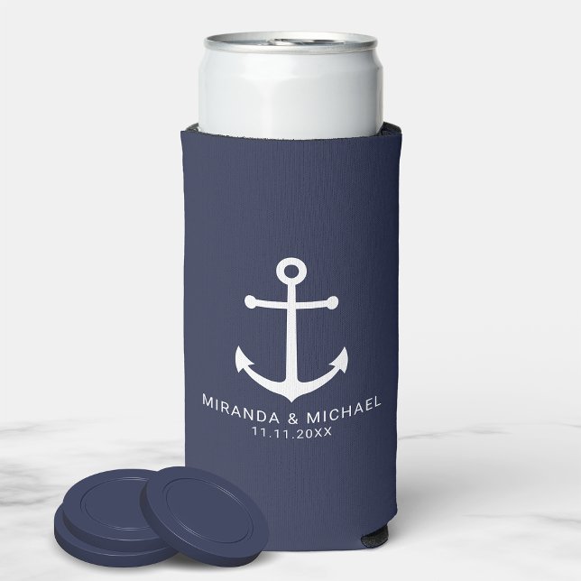 Modern Nautical Navy Blue Anchor Wedding Favour Seltzer Can Cooler (Creator Uploaded)