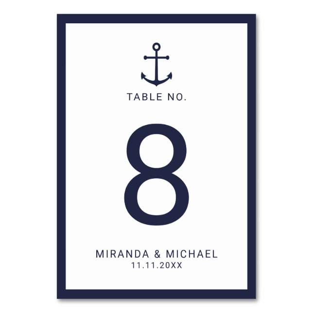 Modern Nautical Navy Blue Anchor Wedding Table Number (Front)