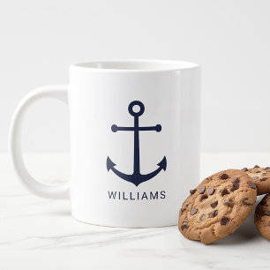Modern Nautical Navy Blue Anchor with Custom Name Large Coffee Mug