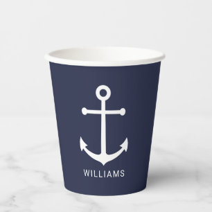 Modern Nautical Navy Blue Anchor with Custom Name  Paper Cups