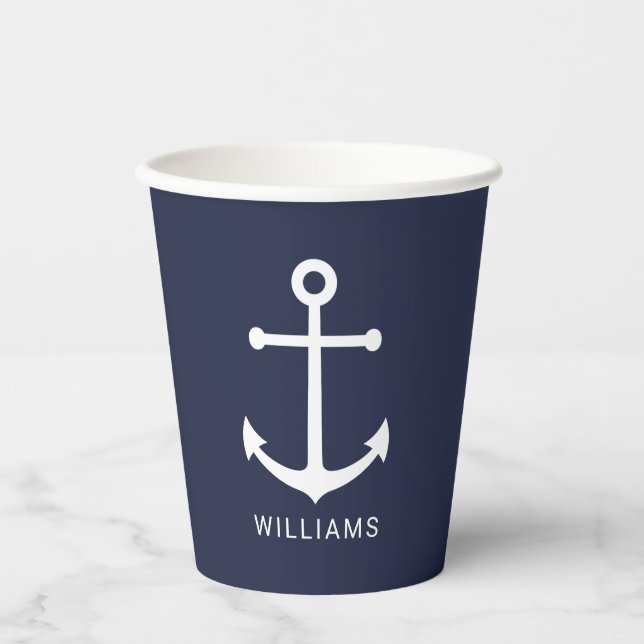 Modern Nautical Navy Blue Anchor with Custom Name  Paper Cups (Front)