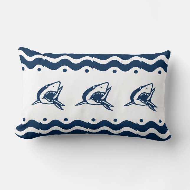 Modern Nautical Navy Blue and white Shark Lumbar Cushion (Front)
