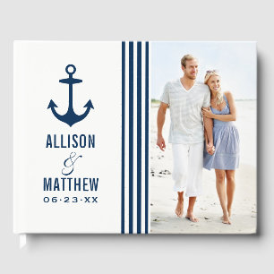 Modern Nautical Navy Blue and White Wedding Photo Guest Book