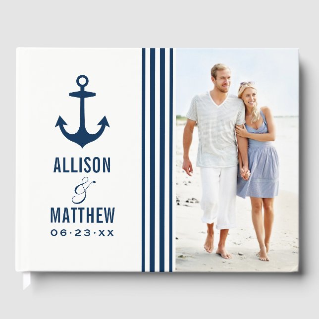 Modern Nautical Navy Blue and White Wedding Photo Guest Book (Front)