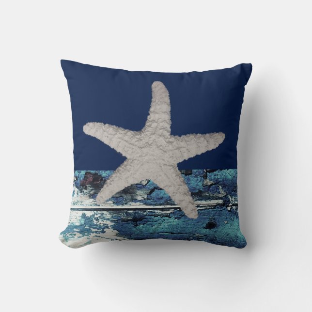 Modern Nautical Navy Blue Beach Starfish Cushion (Front)