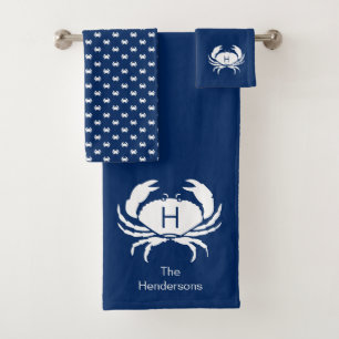 Modern Nautical Navy Blue Crab Monogram Name Bath Towel Set
