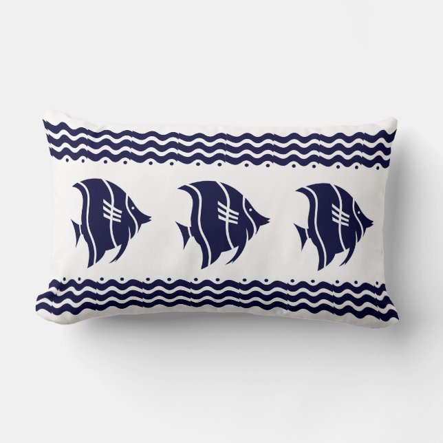 Modern Nautical Navy Blue Fish Lumbar Cushion (Front)