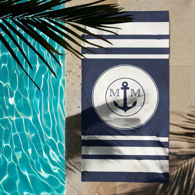 Modern Nautical Navy Blue White Stripes Monogram  Beach Towel (Creator Uploaded)