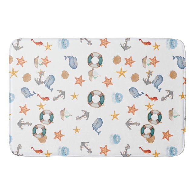 Modern nautical octopus beach ocean anchor white bath mat (Front)