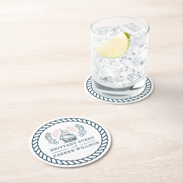 Modern Nautical Personalised Wedding Round Paper Coaster (Insitu)