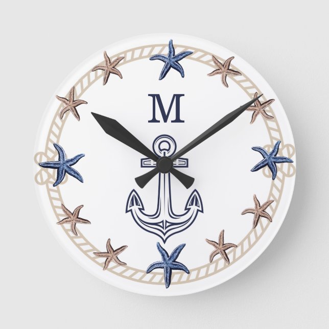 Modern Nautical Photo Navy Blue White Tan Starfish Round Clock (Front)