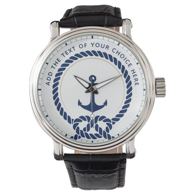 Modern Nautical Rope & Anchor Custom Text Watch (Front)