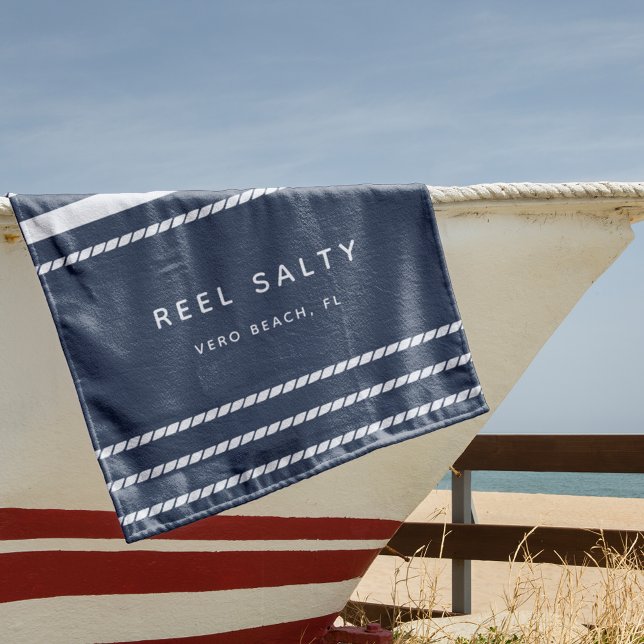 Modern Nautical Rope Stripe Boat Name Beach Towel (Creator Uploaded)