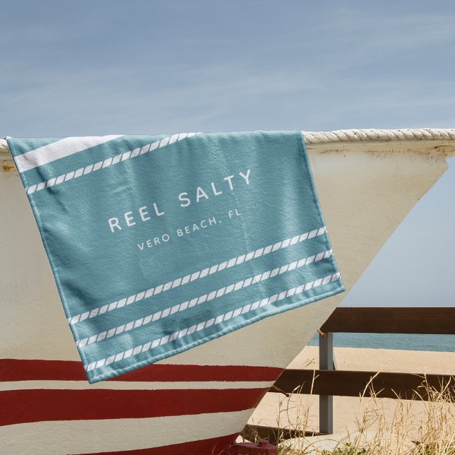 Modern Nautical Rope Stripe Boat Name Beach Towel (Creator Uploaded)
