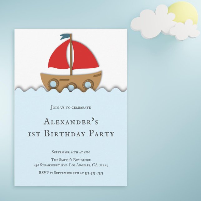 Modern Nautical Sailboat Boy First Birthday Invitation (Cute first birthday party invitation with a boat illustration)