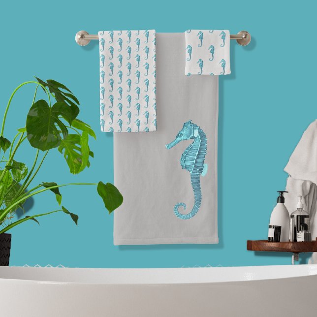 Modern Nautical Seahorse Bathroom Aqua Teal Grey Bath Towel Set (Creator Uploaded)