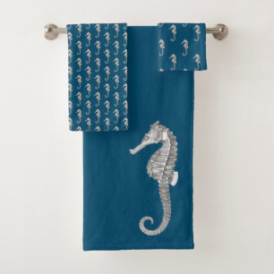 Modern Nautical Seahorse Bathroom Marine Grey Bath Towel Set