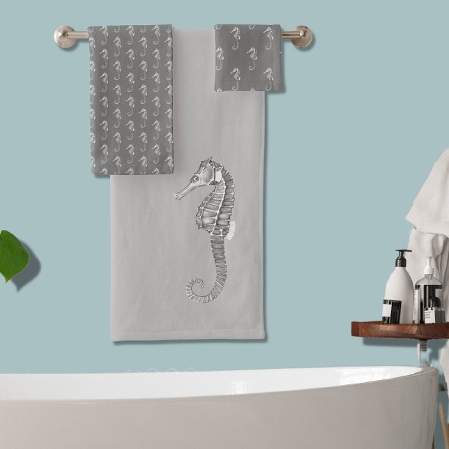 Modern Nautical Seahorse Bathroom Marine Grey Bath Towel Set (Creator Uploaded)