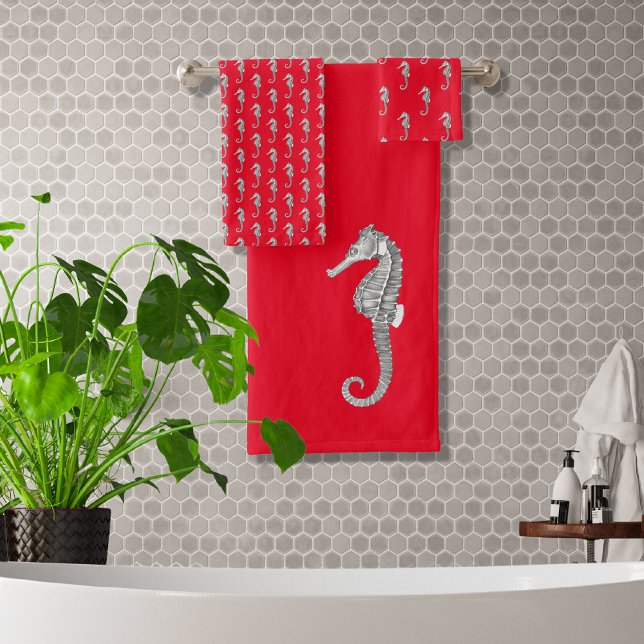 Modern Nautical Seahorse Bathroom Marine Red  Bath Towel Set (Creator Uploaded)