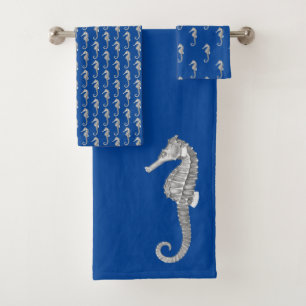 Modern Nautical Seahorse Bathroom Ocean Blue Bath Towel Set