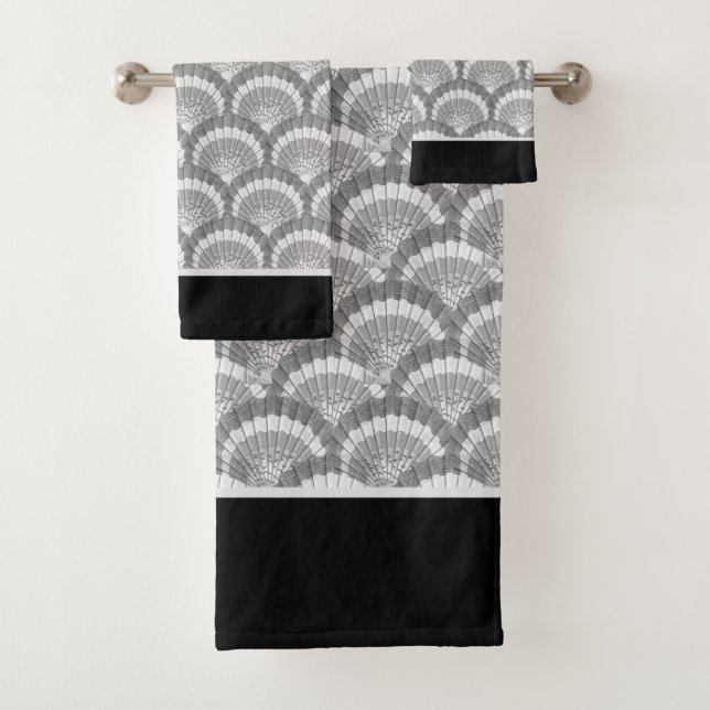 Modern Nautical Seashell Grey Shells Black Bath Towel Set (Insitu)