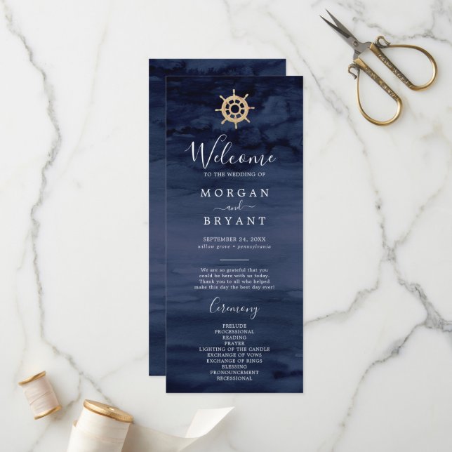 Modern Nautical | Ship Helm Wedding Program Programme (Front/Back In Situ)