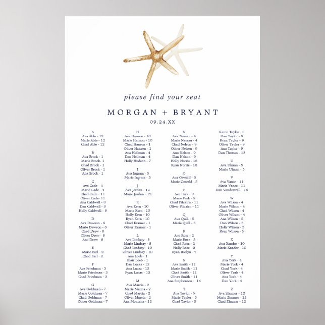 Modern Nautical | Starfish Alphabetical Seating Poster (Front)