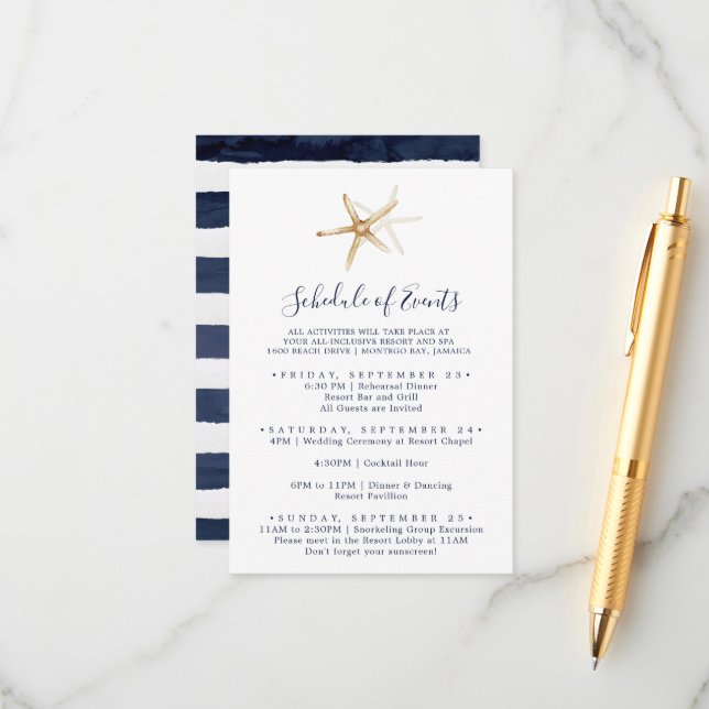 Modern Nautical Starfish Schedule of Events Enclosure Card (Front/Back In Situ)