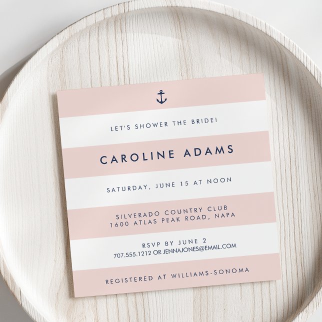 Modern Nautical Stripe Blush & Navy Bridal Shower Invitation (Creator Uploaded)