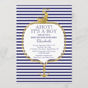 Modern Nautical Stripe Gold Anchor Baby Shower Invitation