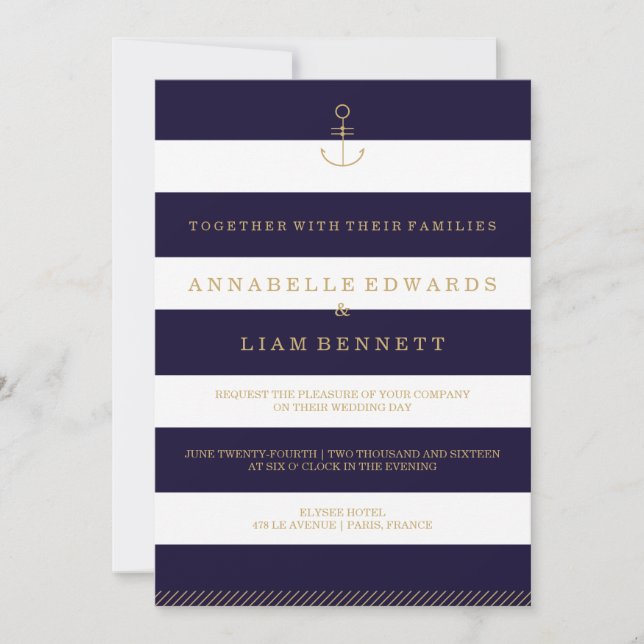 Modern nautical stripes wedding invitation (Front)