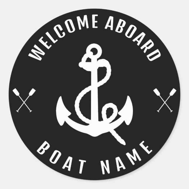 Modern Nautical Welcome Aboard Boat Name Anchor    Classic Round Sticker (Front)