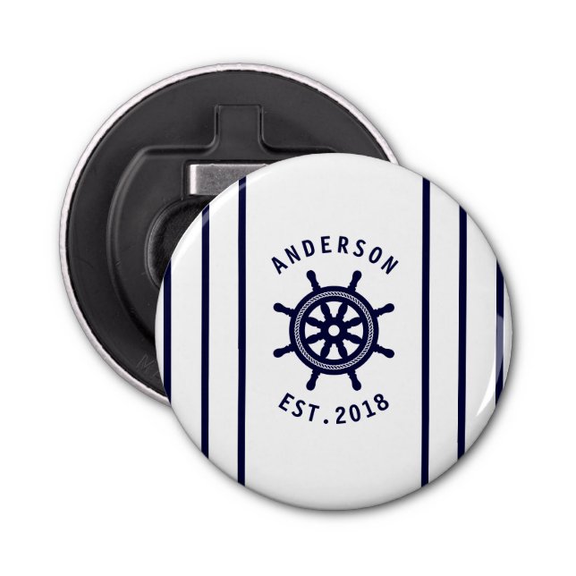 Modern Nautical Wheel And Navy Blue Striped Custom Bottle Opener (Front)