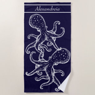 Modern Nautical White Octopus Navy Blue Beach Towel