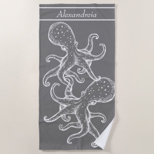 Modern Nautical White Octopus ocean grey Beach Towel